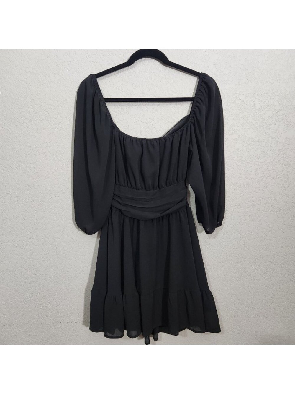 Black Puff Sleeve Mini Dress Back Bow Tie Detail S/M Witchy